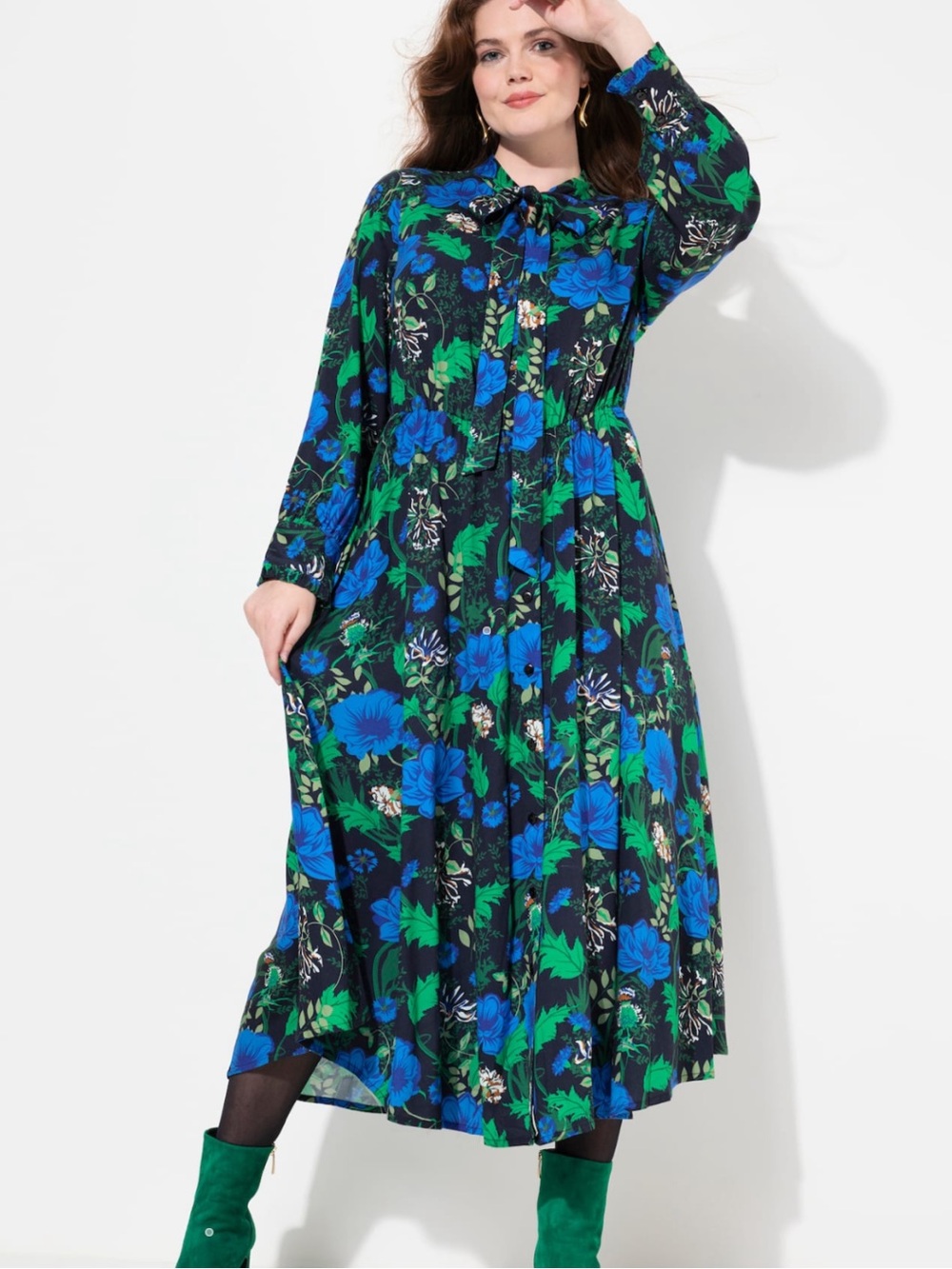 Ulla Popken Von Landen Floral Bow Tie Long Sleeve Maxi Dress Size 16/18